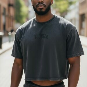 YOUNGLA Mens Black T-Shirt Oversized Cropped Graphic Tee Sz XL New